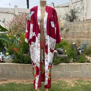 Red Floral Satin Kimono Robe with White Trim
